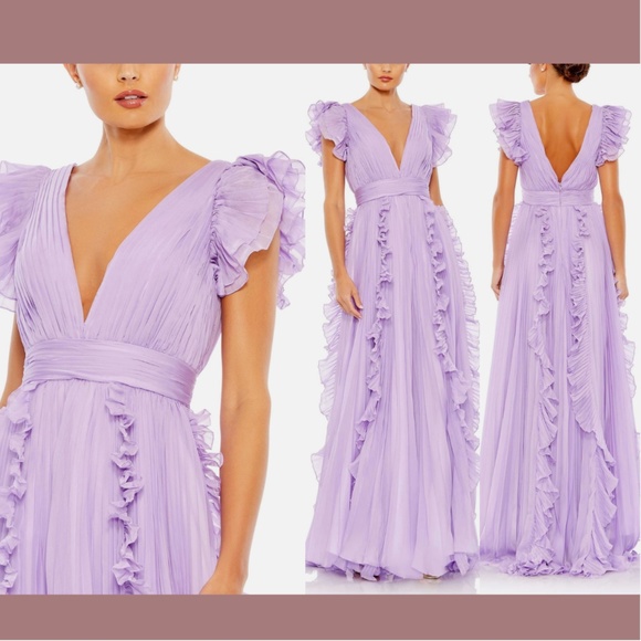 NEW IEENA Mac Duggal [ 12 ] Pleated Ruffle Cap Sleeve‎ Flowy A Gown Lilac Purple - Picture 1 of 16